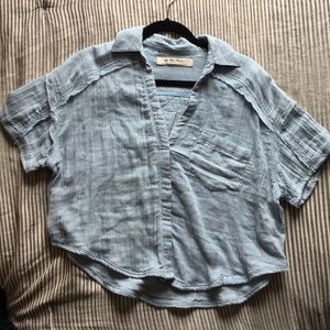 We the Free Blue Collared Short Sleeve Linen Shirt